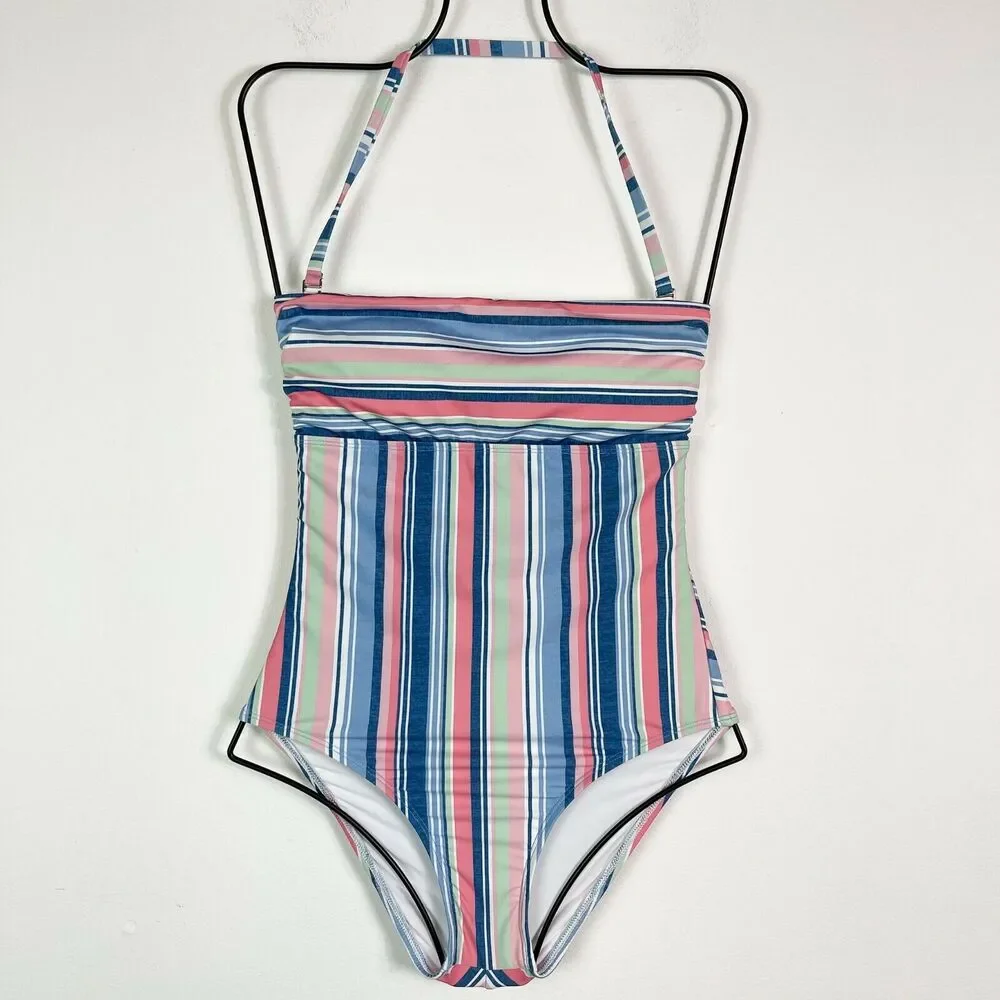 Splendid NWT Blue Pink Striped Holding Pattern Bandeau One-Piece Swimsuit Size M - Picture 3 of 9
